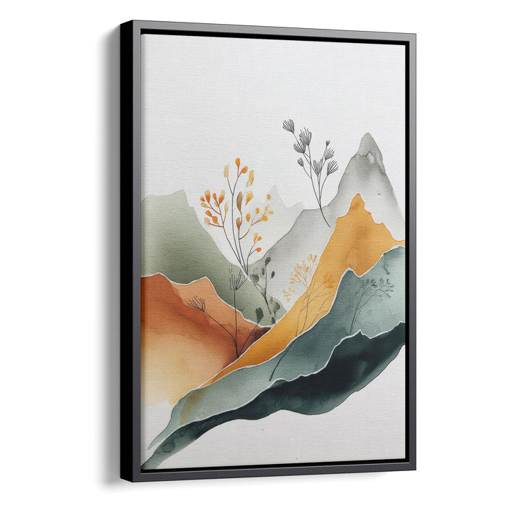 Abstract watercolor mountain landscape with orange, teal and sage layers and, stretched canvas in a black floating frame