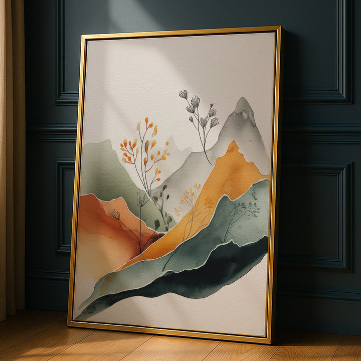 Abstract watercolor mountain landscape with orange, teal and sage layers and delicate, propped against a dark paneled wall
