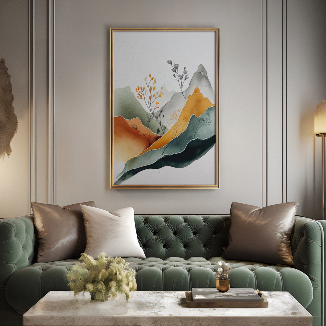 Abstract watercolor mountain landscape with orange, teal and sage layers and, displayed above a sofa in a living room