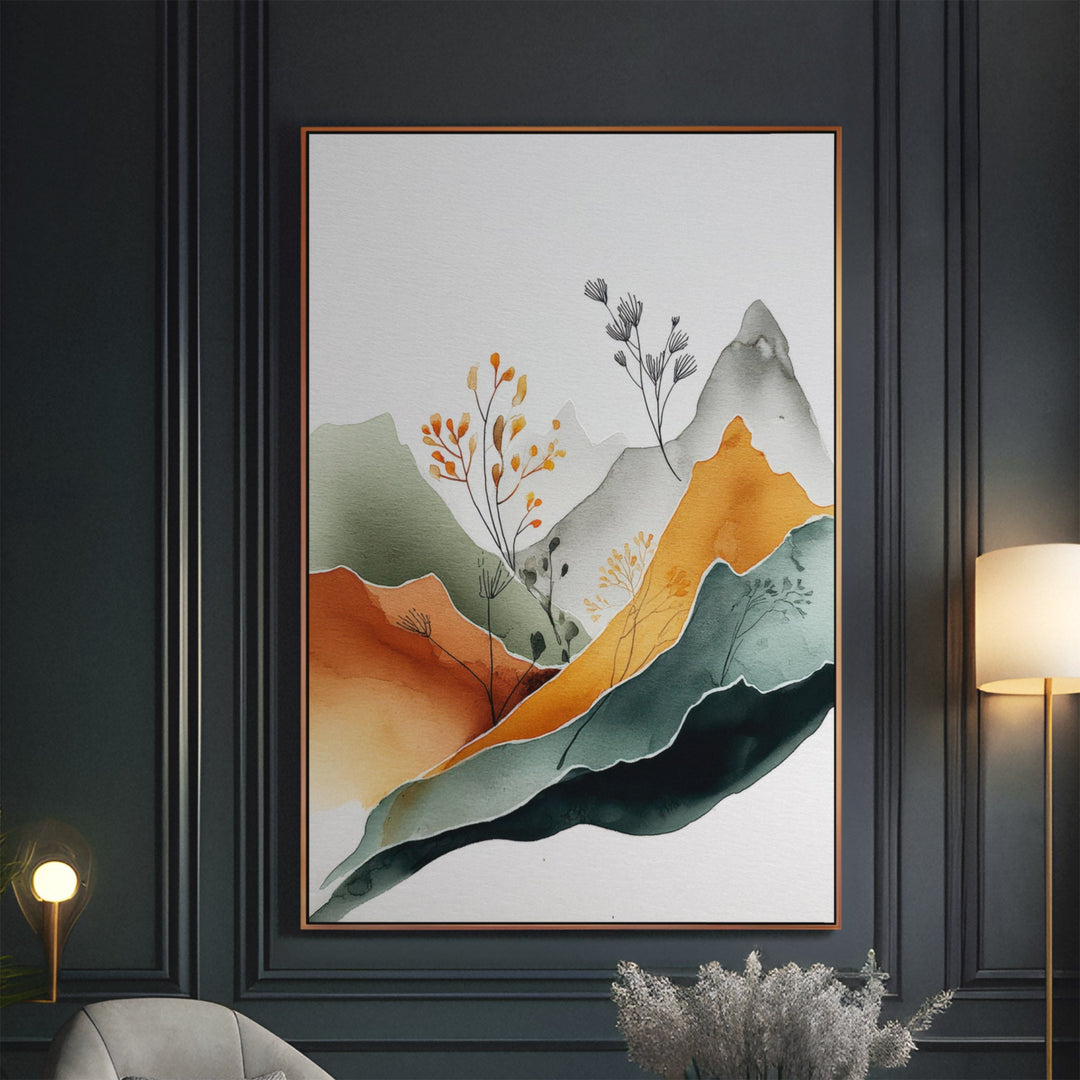 Abstract watercolor mountain landscape with orange, teal and sage layers and, displayed in an elegant dark-paneled interior