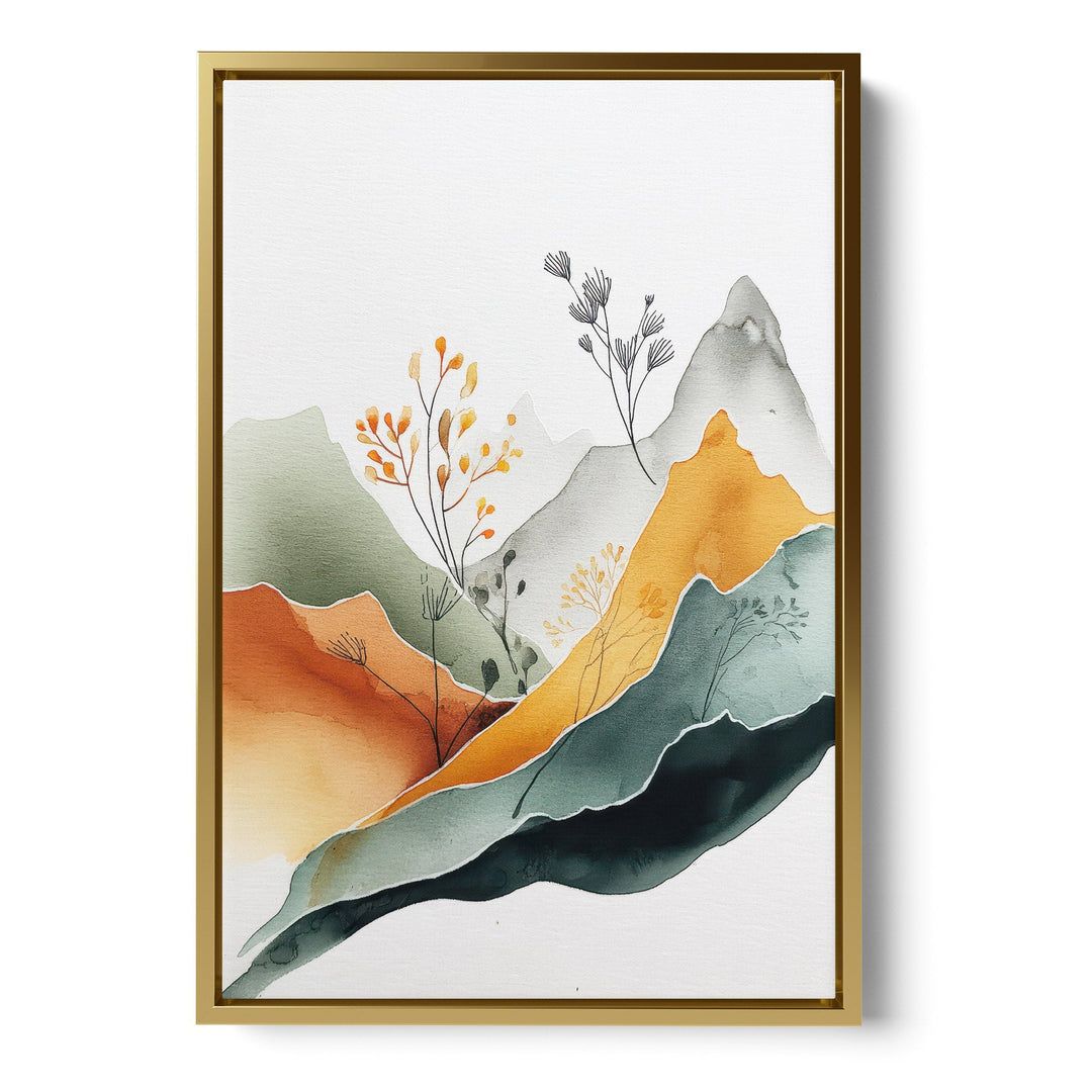 Abstract watercolor mountain landscape with orange, teal and sage layers and, stretched canvas in a gold floating frame
