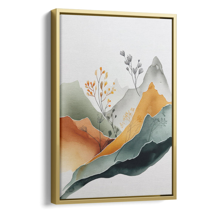 Abstract watercolor mountain landscape with orange, teal and sage layers and, stretched canvas in a gold floating frame