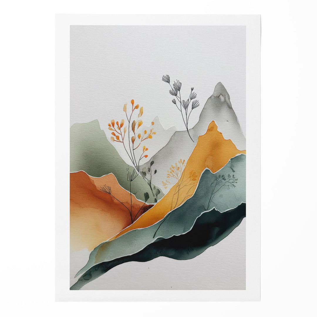 Abstract watercolor mountain landscape with orange, teal and sage layers and delicate botanical, shown as a rolled canvas
