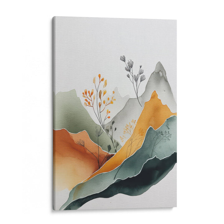 Abstract watercolor mountain landscape with orange, teal and sage layers and delicate, shown as a stretched canvas
