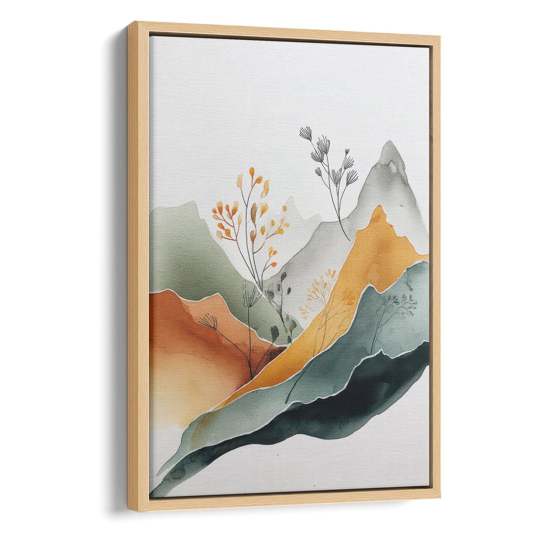 Abstract watercolor mountain landscape with orange, teal and sage layers and, stretched canvas in a natural wood frame
