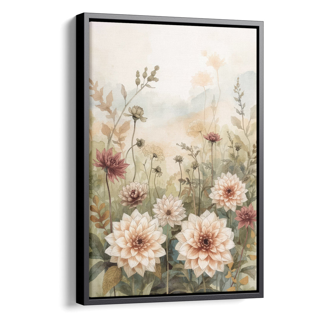 Watercolor garden dahlias in cream and mauve with wildflower stems on a soft, stretched canvas in a black floating frame