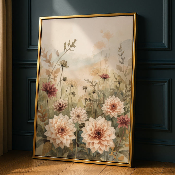 Watercolor garden dahlias in cream and mauve with wildflower stems on a soft warm, propped against a dark paneled wall
