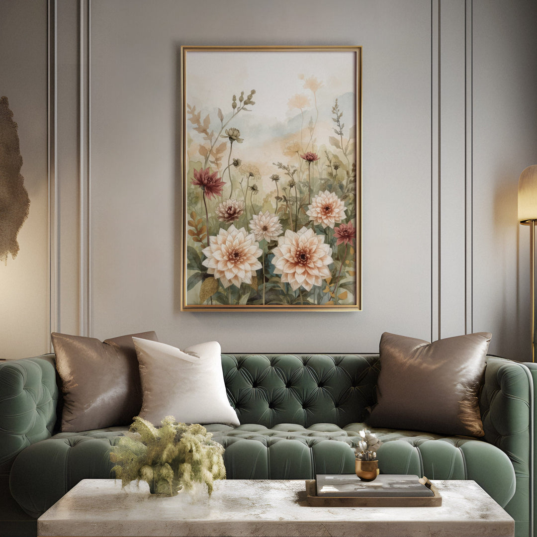Watercolor garden dahlias in cream and mauve with wildflower stems on a soft warm, displayed above a sofa in a living room