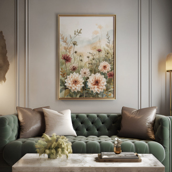 Watercolor garden dahlias in cream and mauve with wildflower stems on a soft warm, displayed above a sofa in a living room