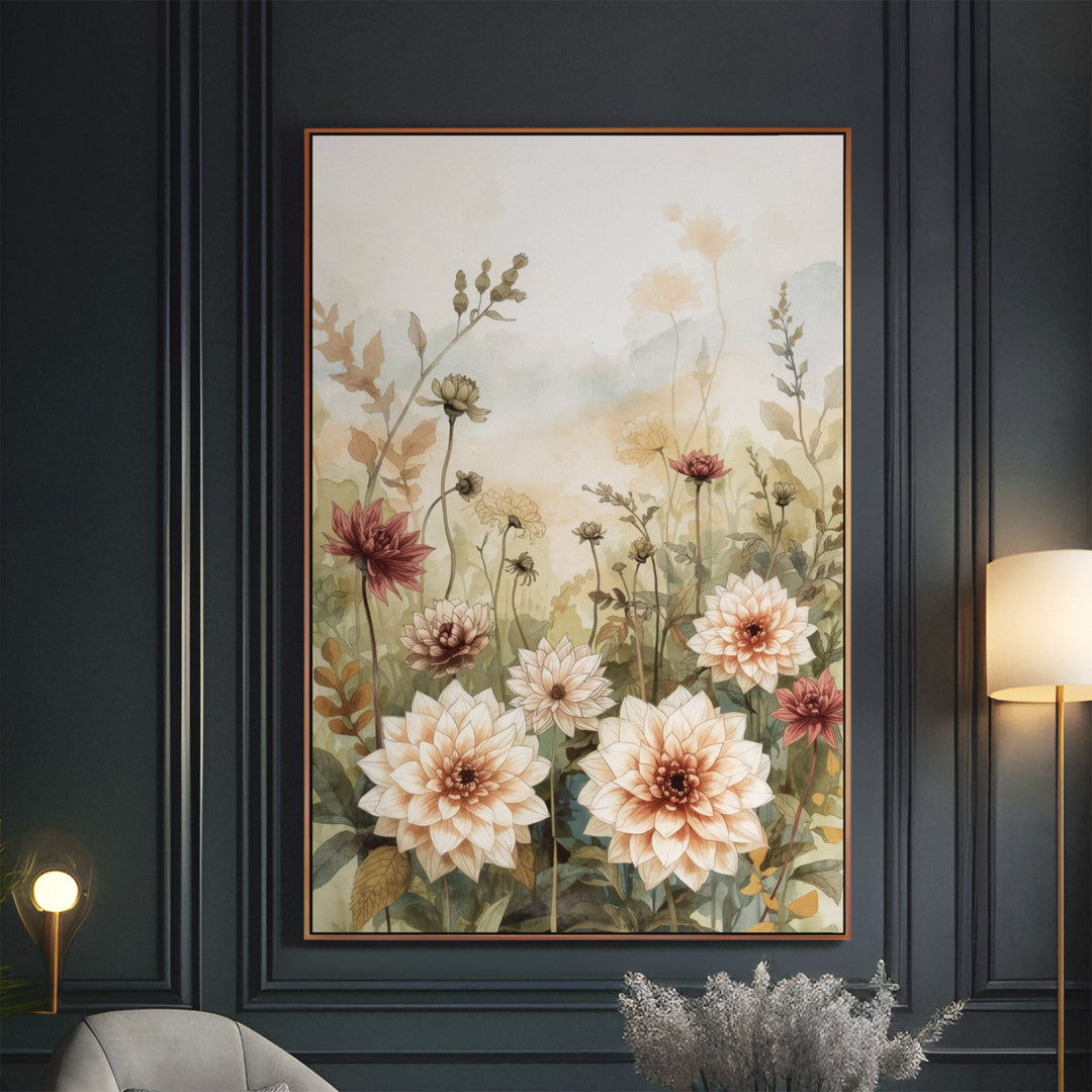 Watercolor garden dahlias in cream and mauve with wildflower stems on a soft, displayed in an elegant dark-paneled interior
