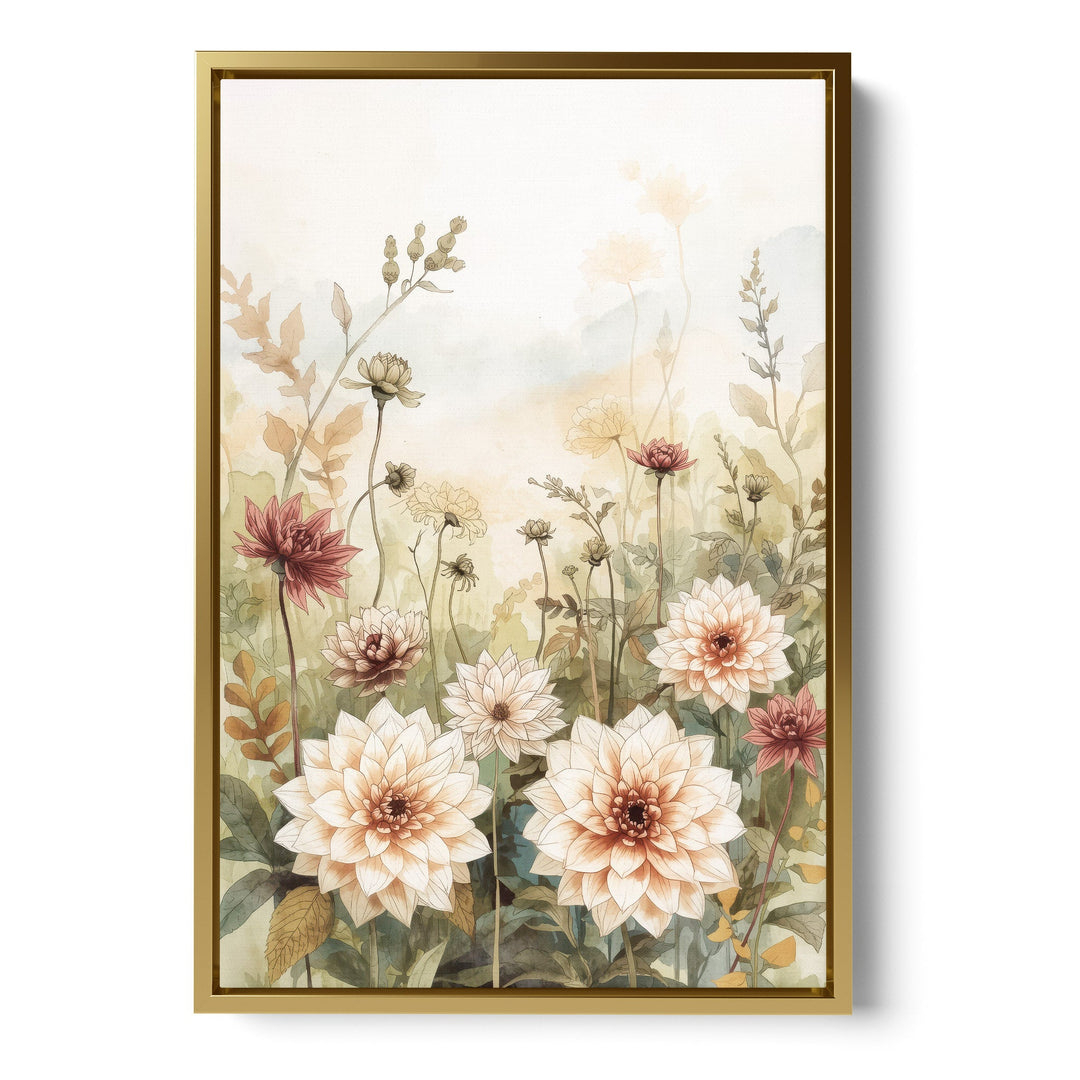 Watercolor garden dahlias in cream and mauve with wildflower stems on a soft, stretched canvas in a gold floating frame