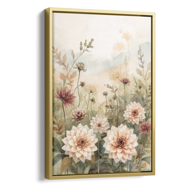 Watercolor garden dahlias in cream and mauve with wildflower stems on a soft, stretched canvas in a gold floating frame