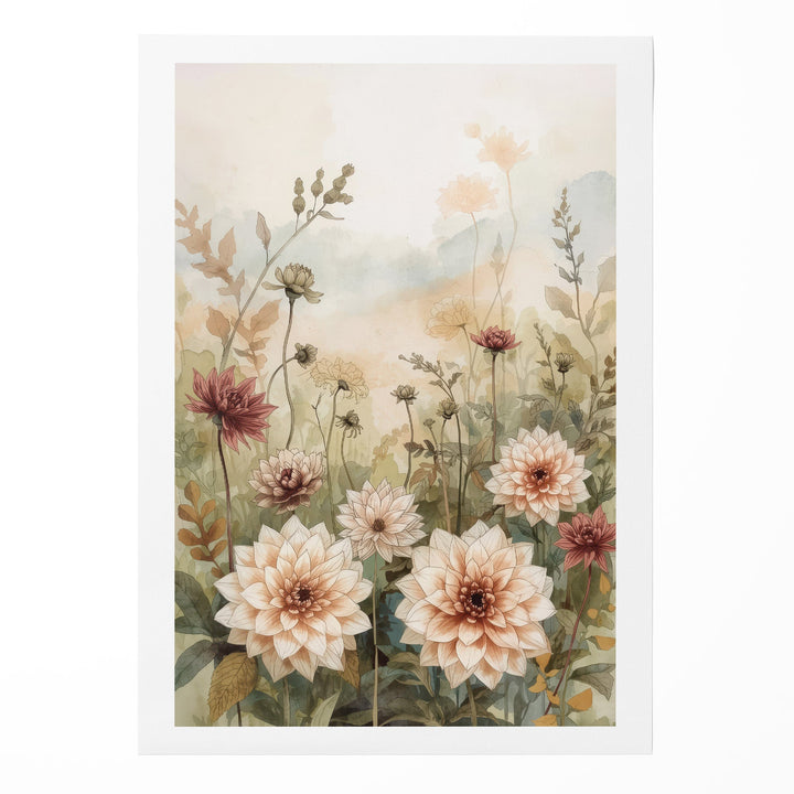 Watercolor garden dahlias in cream and mauve with wildflower stems on a soft warm peach background, shown as a rolled canvas