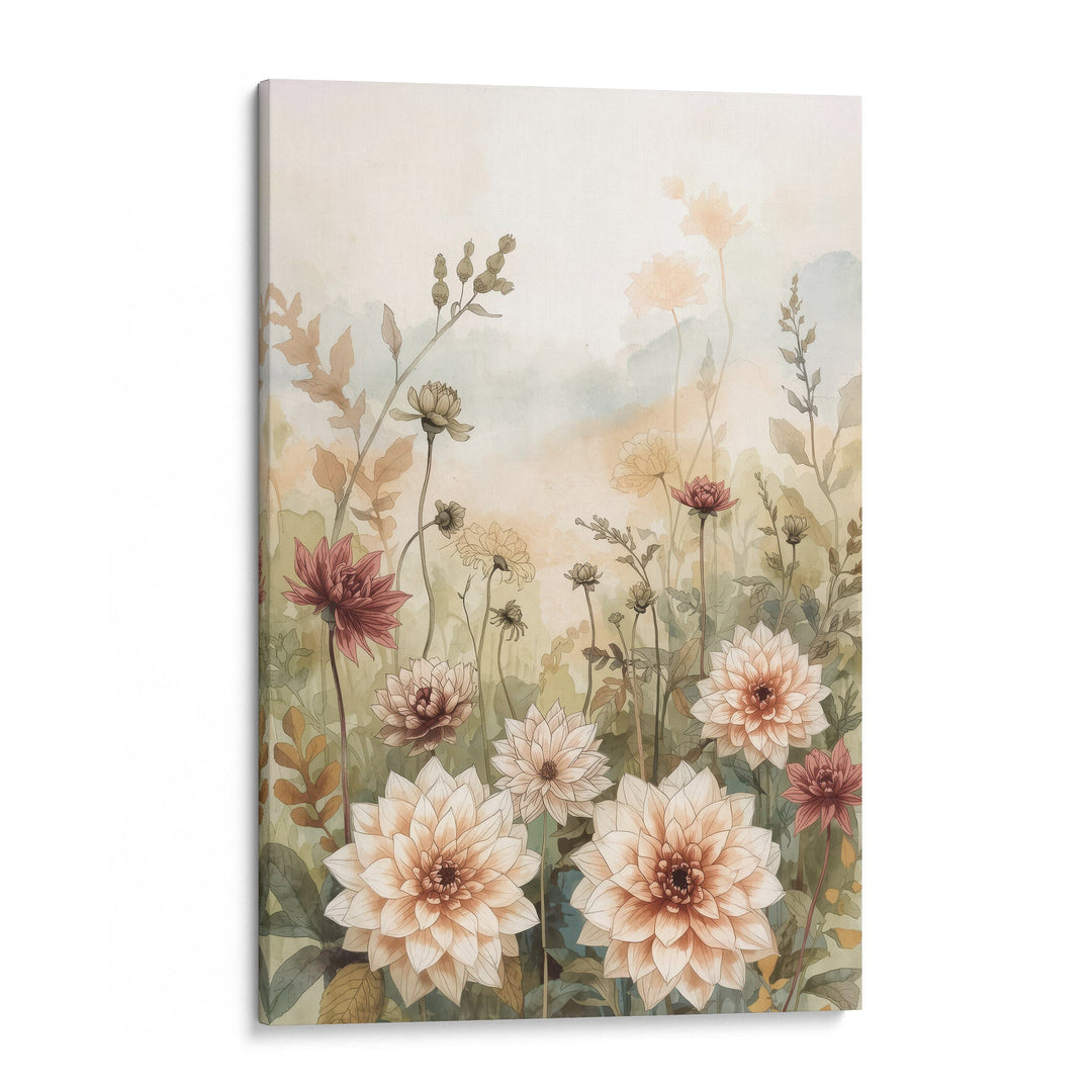 Watercolor garden dahlias in cream and mauve with wildflower stems on a soft warm peach, shown as a stretched canvas