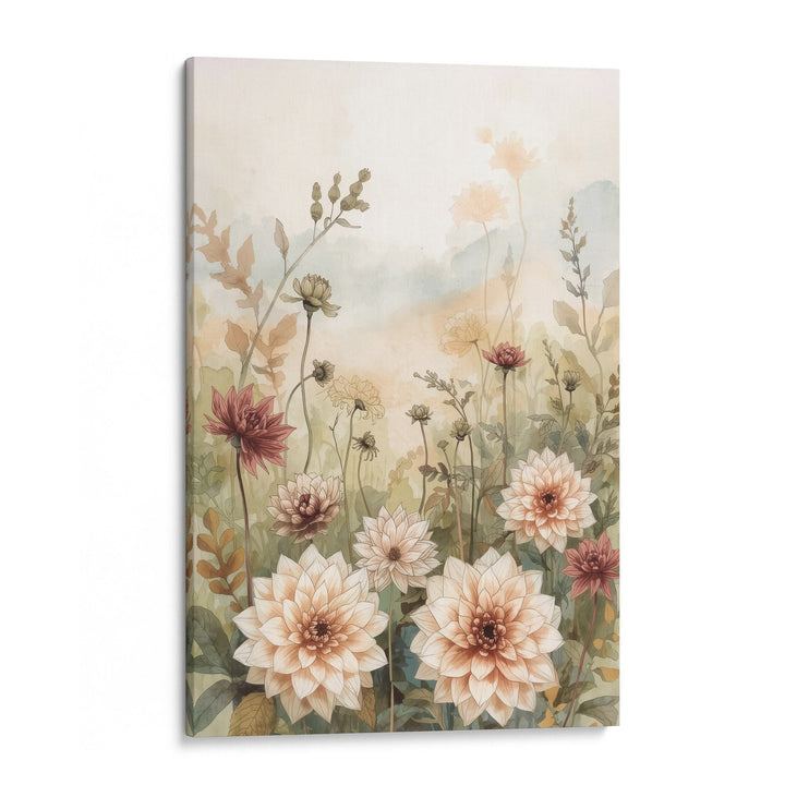 Watercolor garden dahlias in cream and mauve with wildflower stems on a soft warm peach, shown as a stretched canvas