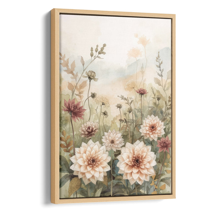 Watercolor garden dahlias in cream and mauve with wildflower stems on a soft warm, stretched canvas in a natural wood frame
