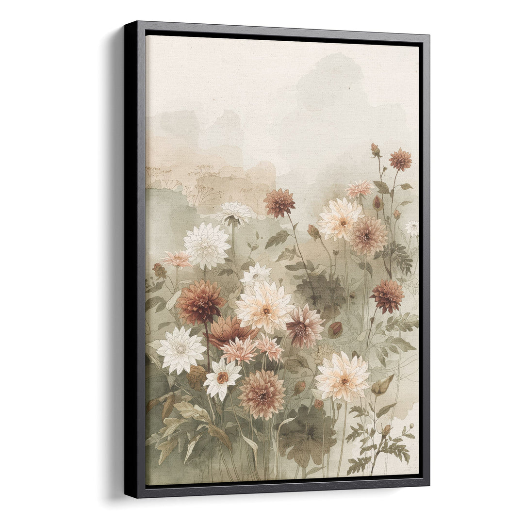 Watercolor garden dahlias in white, peach and terracotta with green leaves on a, stretched canvas in a black floating frame
