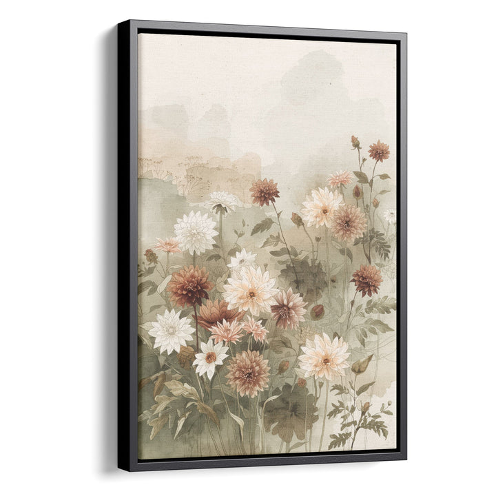 Watercolor garden dahlias in white, peach and terracotta with green leaves on a, stretched canvas in a black floating frame