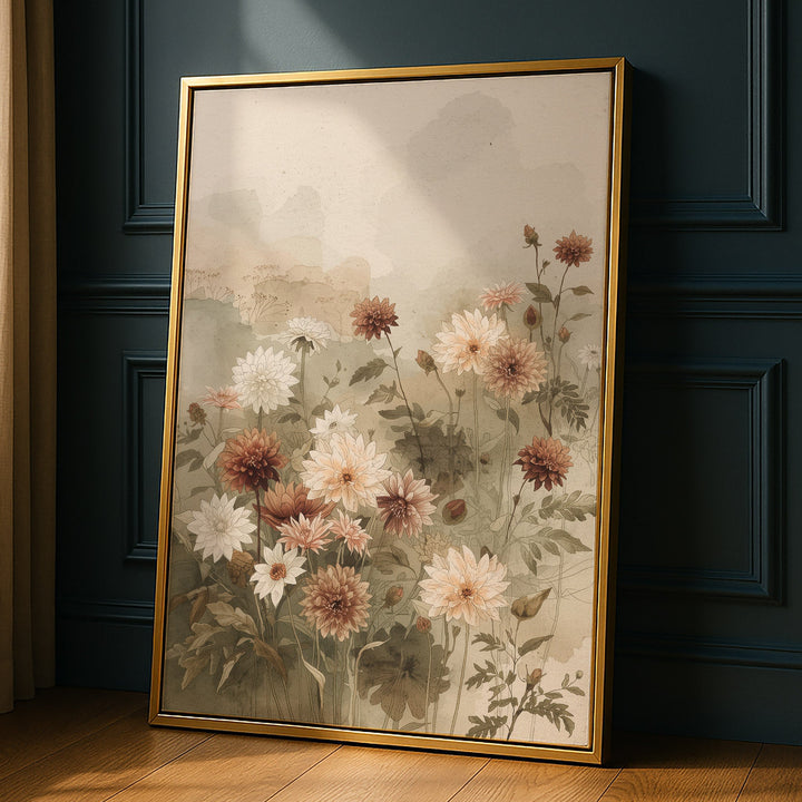 Watercolor garden dahlias in white, peach and terracotta with green leaves on a soft, propped against a dark paneled wall