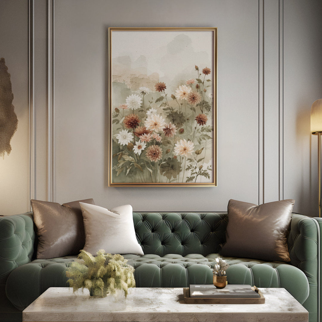 Watercolor garden dahlias in white, peach and terracotta with green leaves on a, displayed above a sofa in a living room