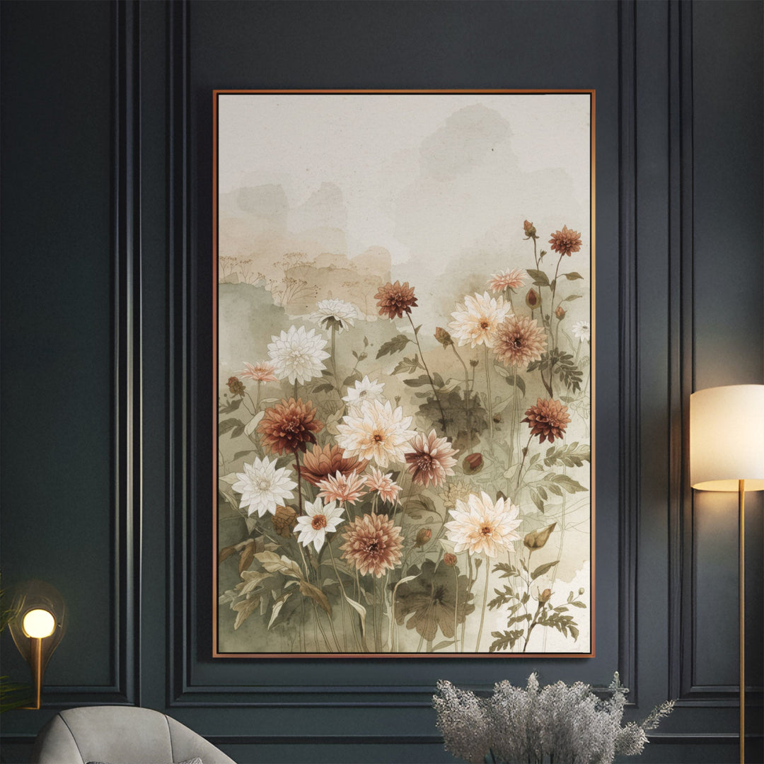 Watercolor garden dahlias in white, peach and terracotta with green leaves, displayed in an elegant dark-paneled interior