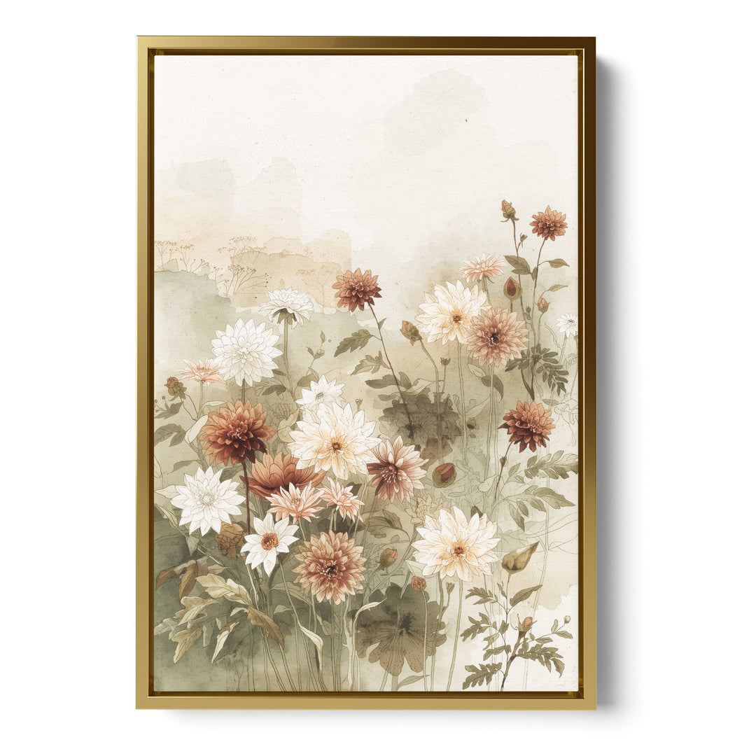 Watercolor garden dahlias in white, peach and terracotta with green leaves on a, stretched canvas in a gold floating frame
