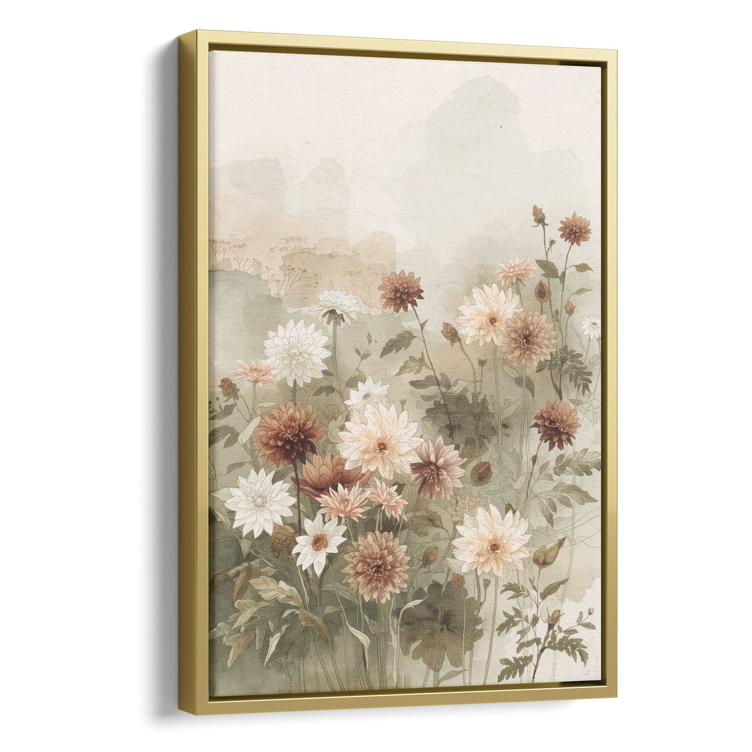 Watercolor garden dahlias in white, peach and terracotta with green leaves on a, stretched canvas in a gold floating frame