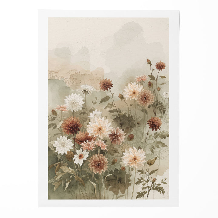 Watercolor garden dahlias in white, peach and terracotta with green leaves on a soft sage, shown as a rolled canvas