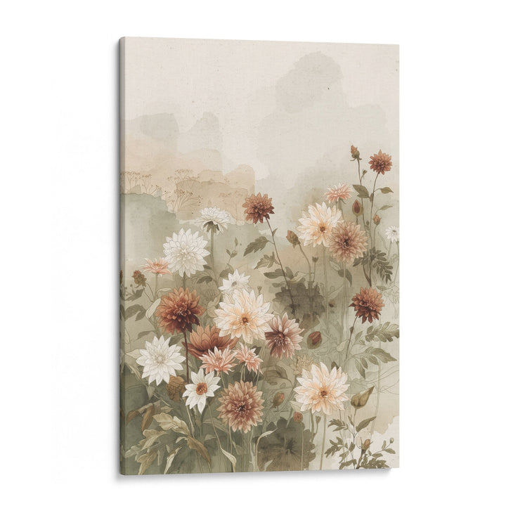Watercolor garden dahlias in white, peach and terracotta with green leaves on a soft sage, shown as a stretched canvas