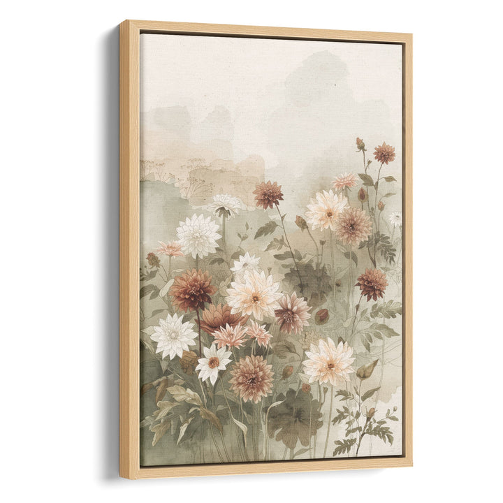 Watercolor garden dahlias in white, peach and terracotta with green leaves on a, stretched canvas in a natural wood frame