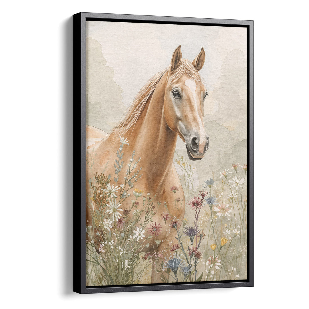 Watercolor golden palomino horse portrait among wildflowers on a soft earthy, stretched canvas in a black floating frame