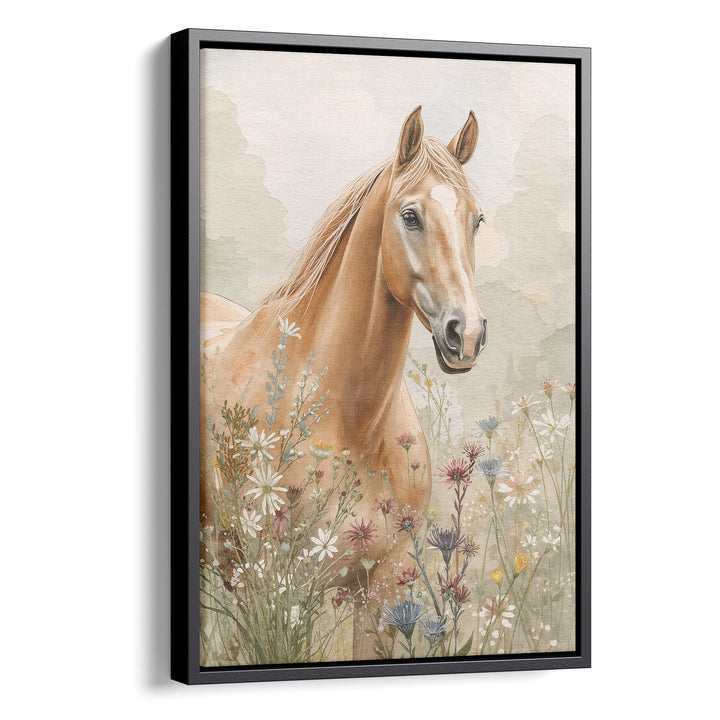 Watercolor golden palomino horse portrait among wildflowers on a soft earthy, stretched canvas in a black floating frame
