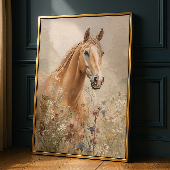 Watercolor golden palomino horse portrait among wildflowers on a soft earthy background, propped against a dark paneled wall