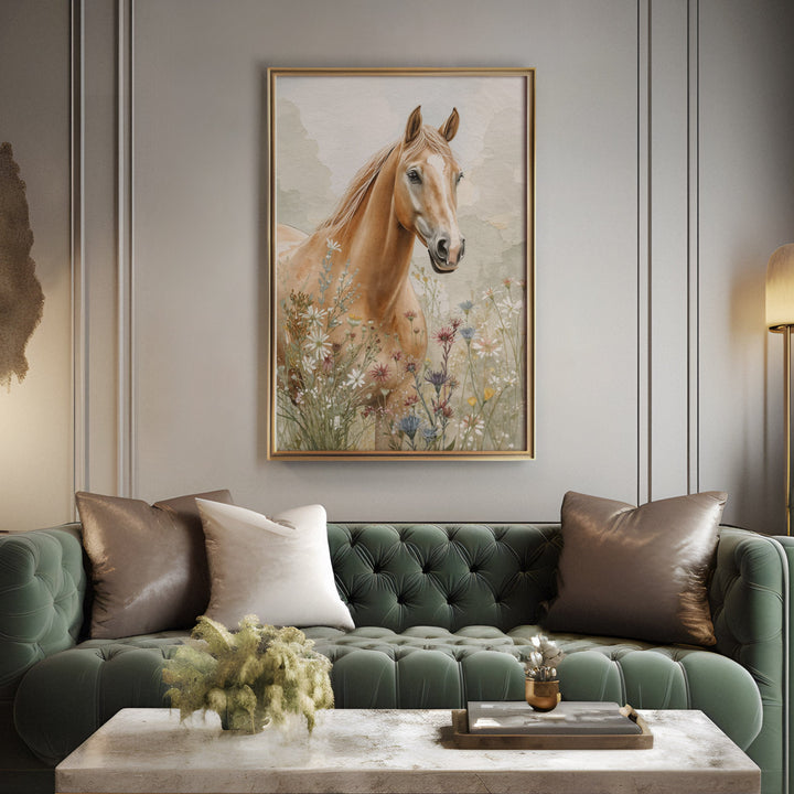 Watercolor golden palomino horse portrait among wildflowers on a soft earthy, displayed above a sofa in a living room