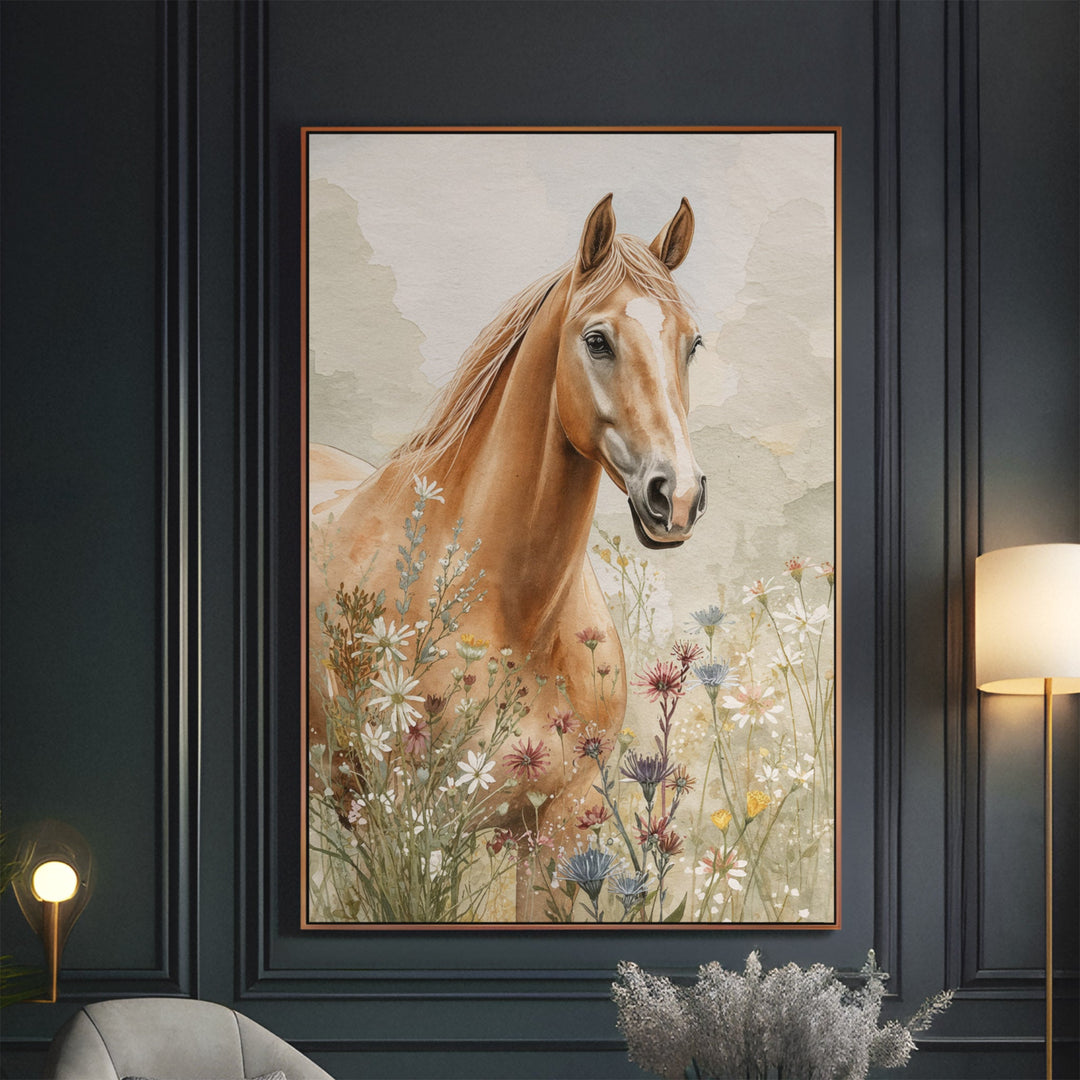 Watercolor golden palomino horse portrait among wildflowers on a soft earthy, displayed in an elegant dark-paneled interior