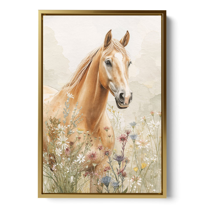 Watercolor golden palomino horse portrait among wildflowers on a soft earthy, stretched canvas in a gold floating frame