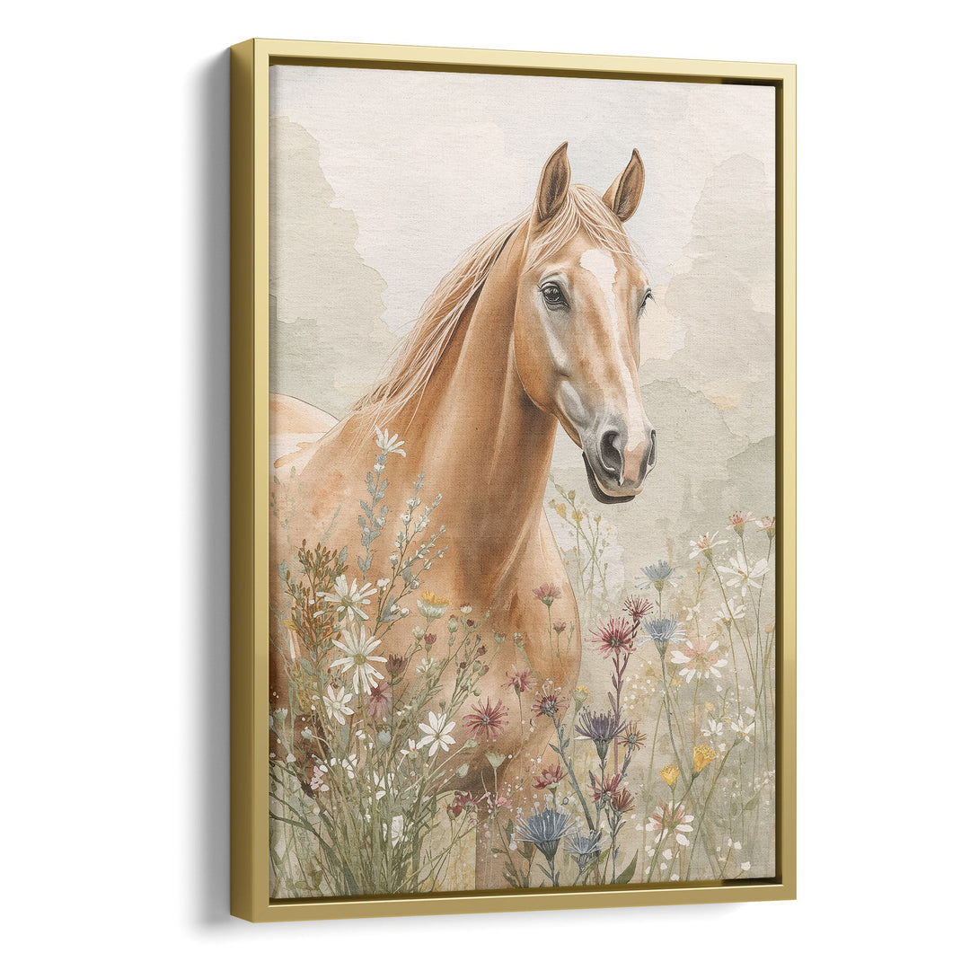 Watercolor golden palomino horse portrait among wildflowers on a soft earthy, stretched canvas in a gold floating frame