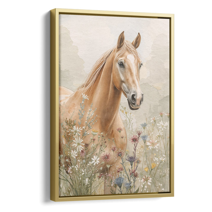 Watercolor golden palomino horse portrait among wildflowers on a soft earthy, stretched canvas in a gold floating frame