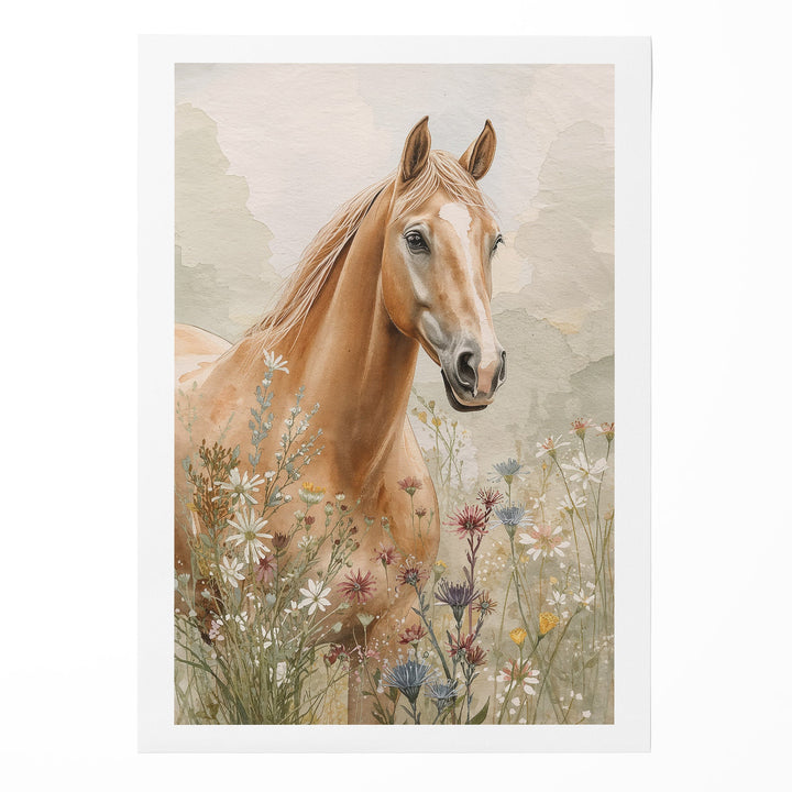 Watercolor golden palomino horse portrait among wildflowers on a soft earthy background, shown as a rolled canvas