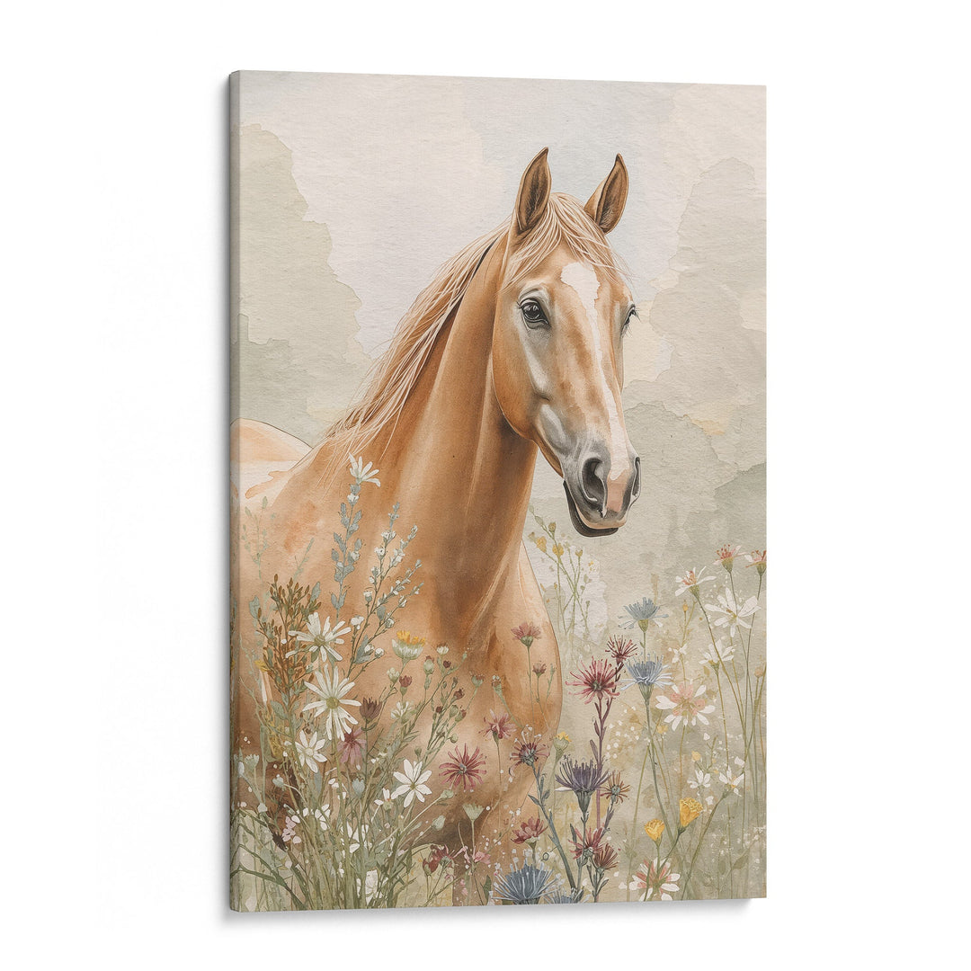 Watercolor golden palomino horse portrait among wildflowers on a soft earthy background, shown as a stretched canvas