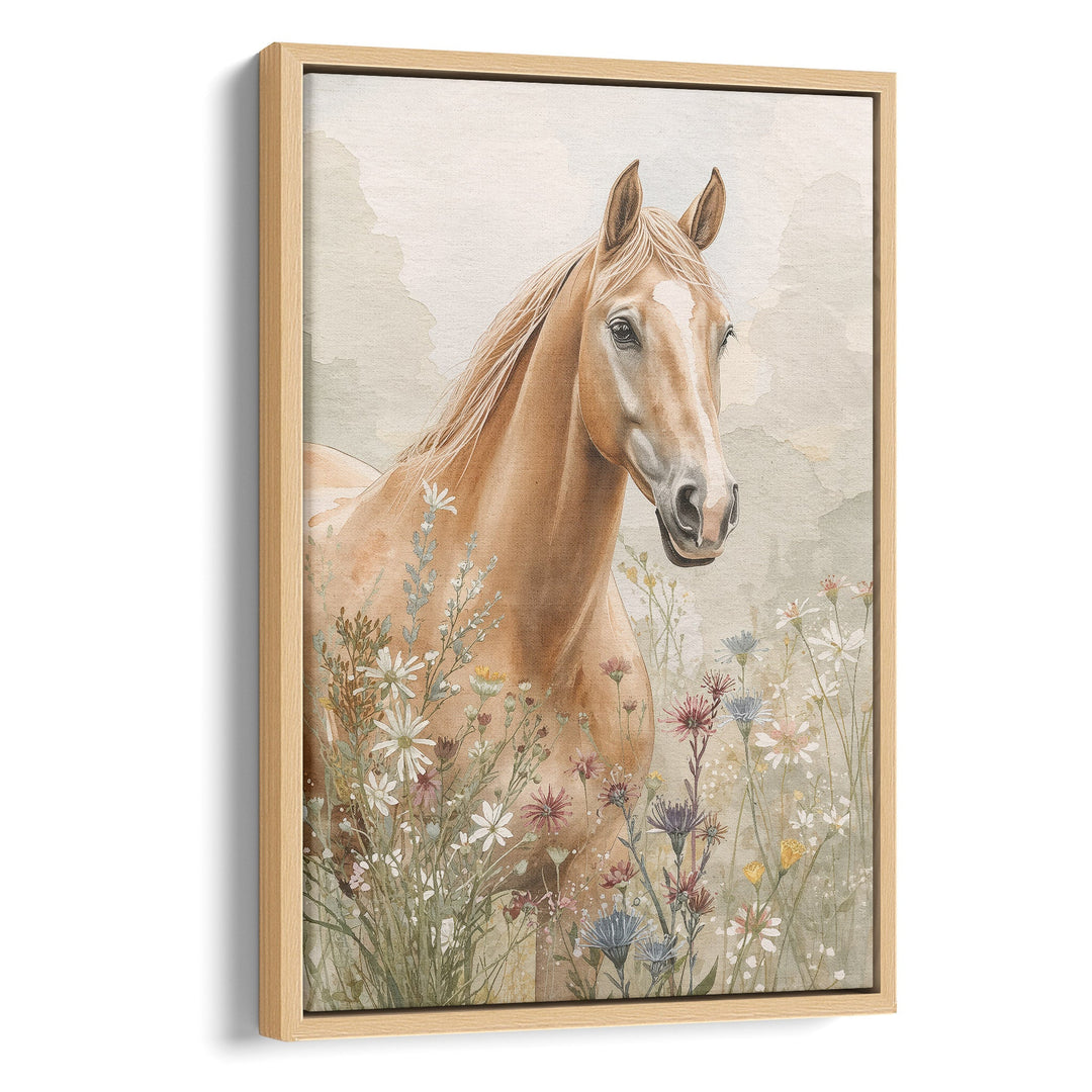 Watercolor golden palomino horse portrait among wildflowers on a soft earthy, stretched canvas in a natural wood frame