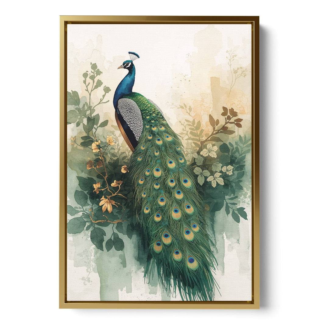 Verdant Majesty - Peacock Botanical Floral Watercolor Canvas Print