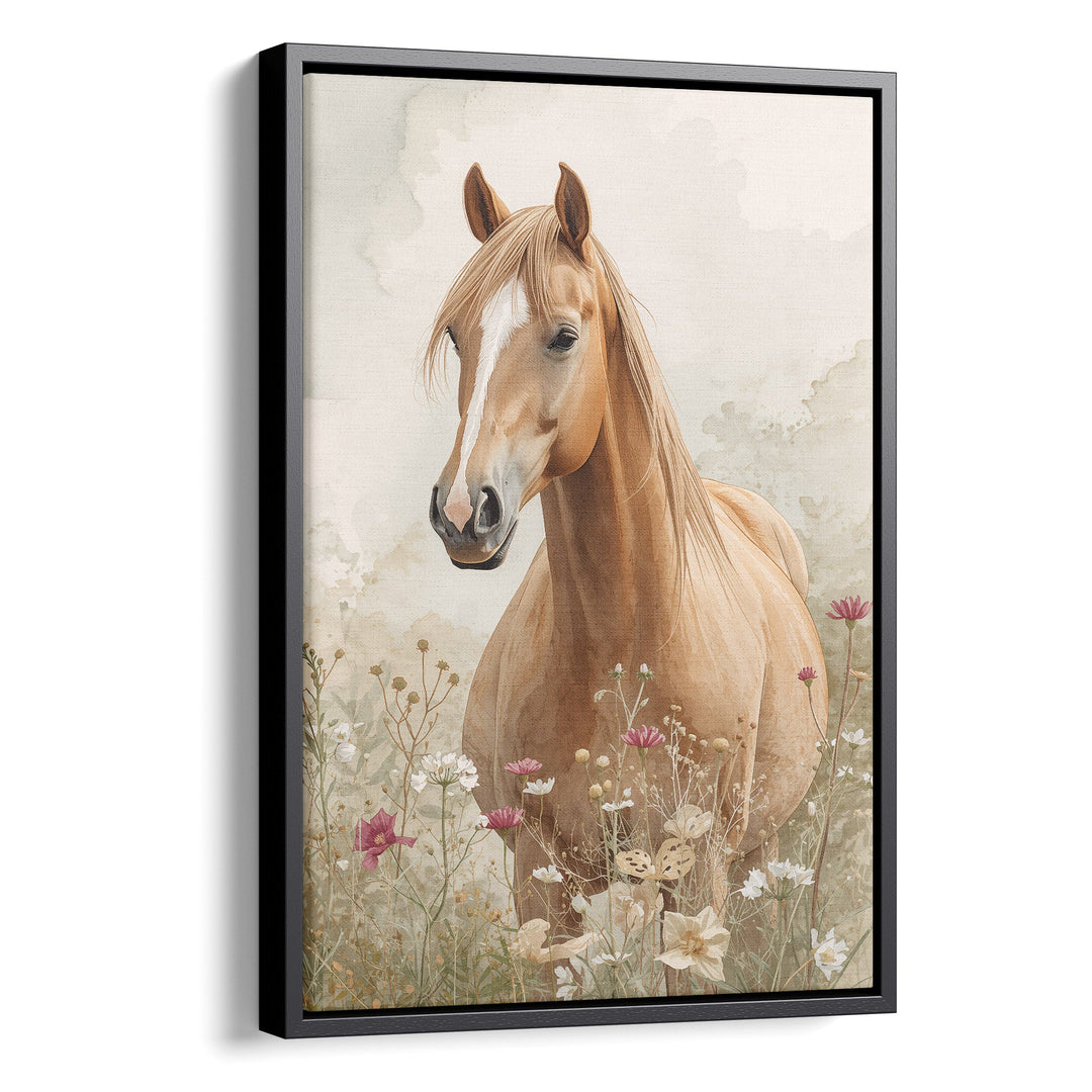Watercolor palomino horse portrait close-up with flowing golden mane among, stretched canvas in a black floating frame