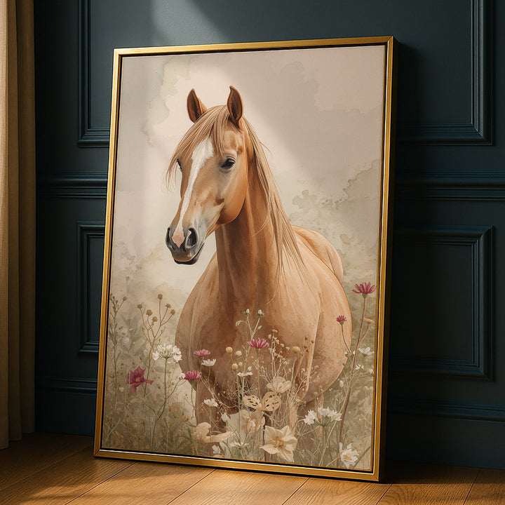 Watercolor palomino horse portrait close-up with flowing golden mane among wildflowers, propped against a dark paneled wall