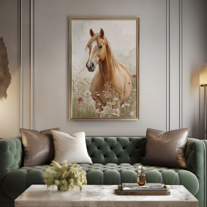 Watercolor palomino horse portrait close-up with flowing golden mane among, displayed above a sofa in a living room