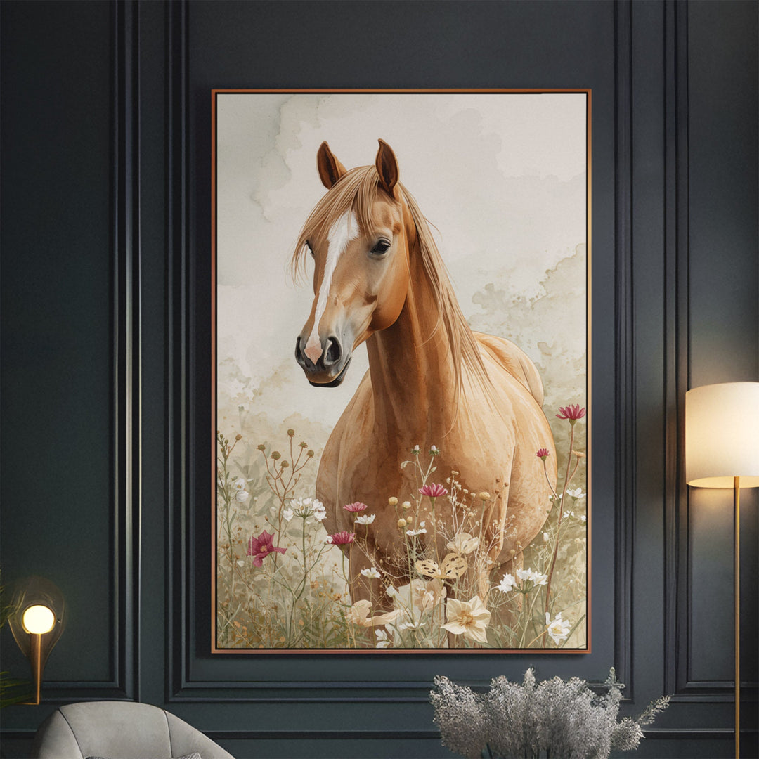 Watercolor palomino horse portrait close-up with flowing golden mane among, displayed in an elegant dark-paneled interior