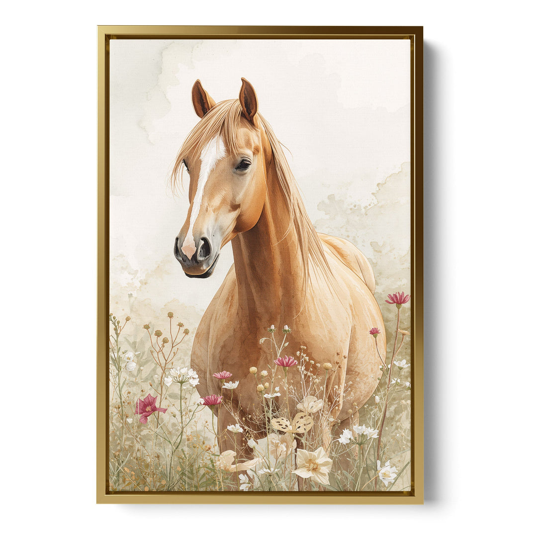 Watercolor palomino horse portrait close-up with flowing golden mane among, stretched canvas in a gold floating frame
