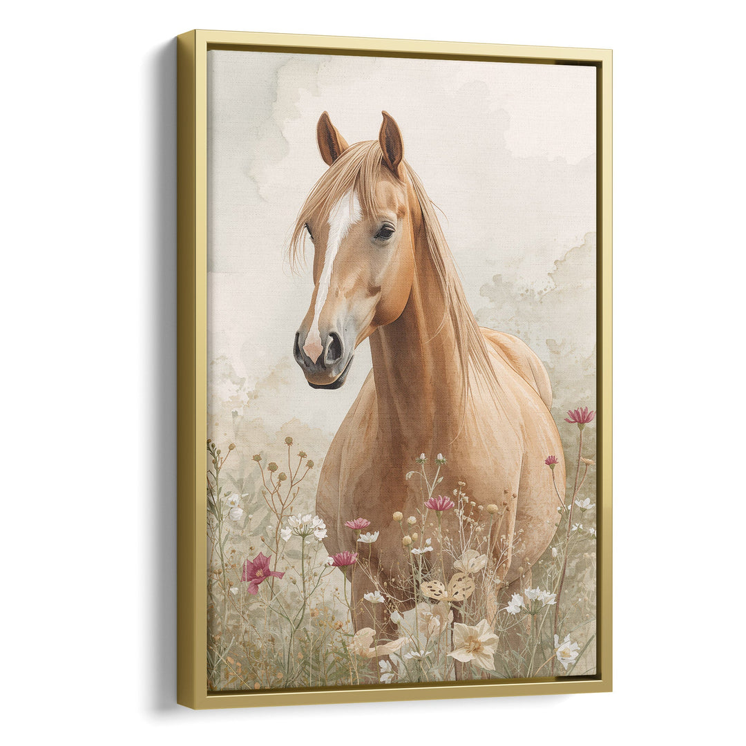 Watercolor palomino horse portrait close-up with flowing golden mane among, stretched canvas in a gold floating frame