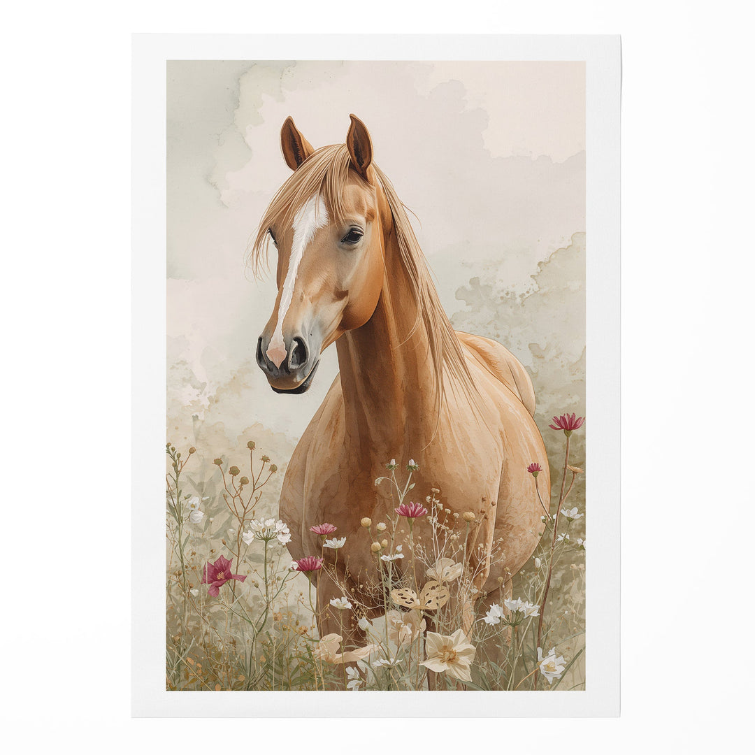 Watercolor palomino horse portrait close-up with flowing golden mane among wildflowers on a soft, shown as a rolled canvas
