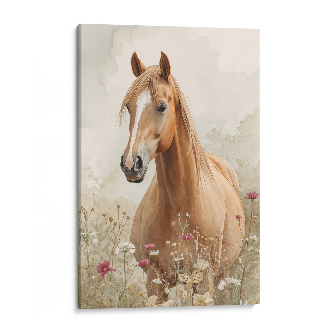 Watercolor palomino horse portrait close-up with flowing golden mane among wildflowers on a, shown as a stretched canvas